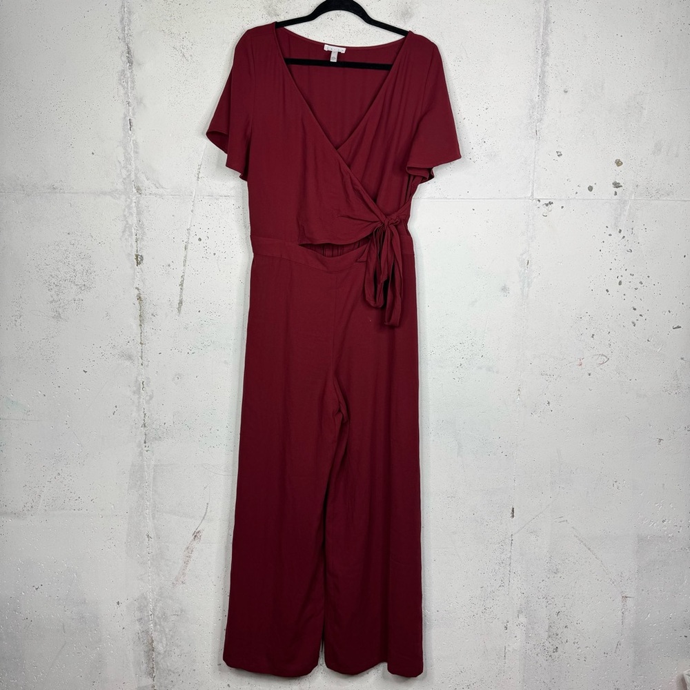 Leith Side Tie Cutout Front Wide Leg Jumpsuit Deep V-Neck Large